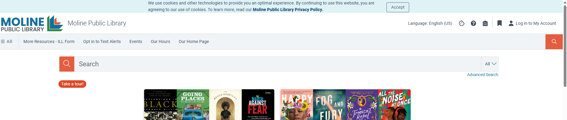online library catalog with cookie banner at top of screen