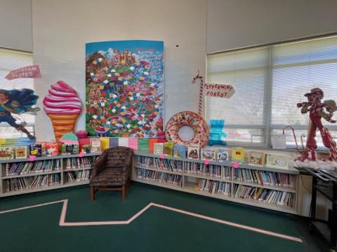 childrens candyland boardgame storytime area at school library  