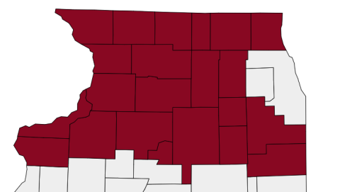 Illinois county map of participating libraries with 22 counties colored in burgundy red 